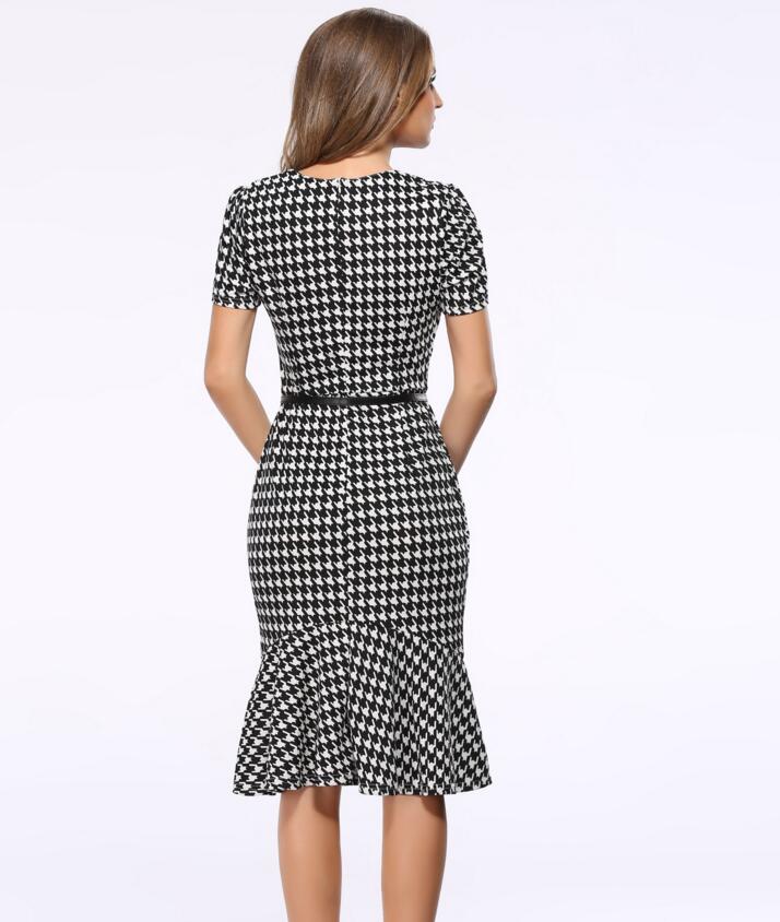 F2496 Stylish Houndstooth Printed Short Sleeves Fitted Fishtail Bottom Dress